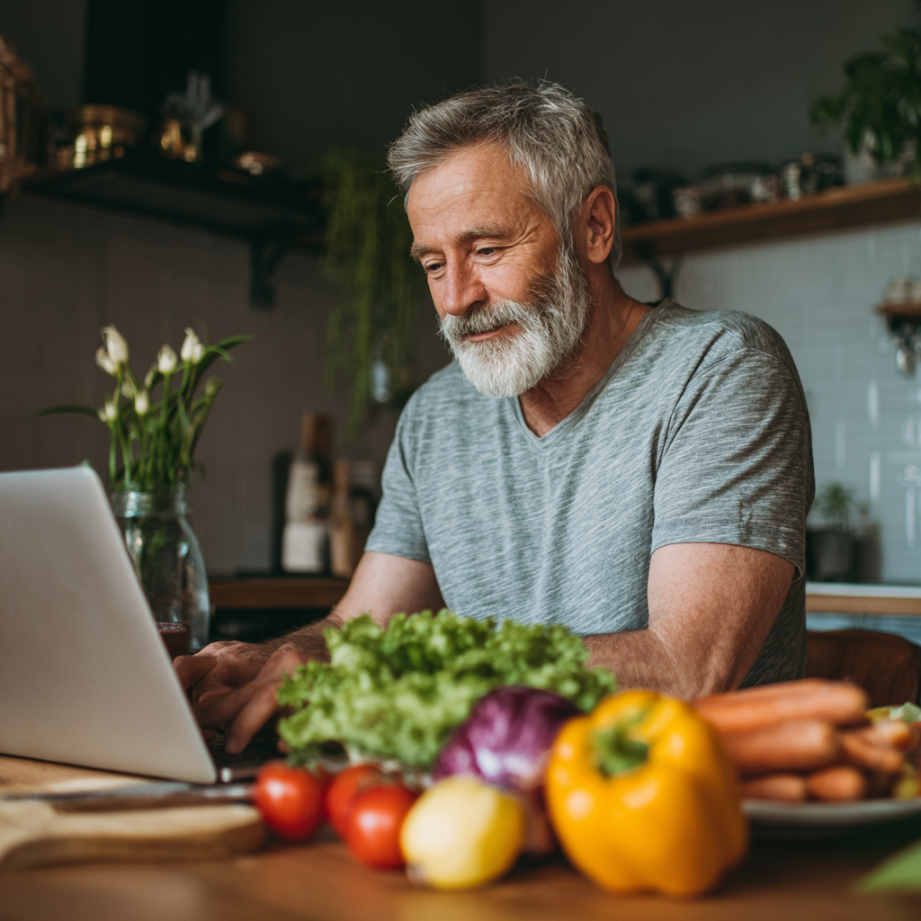 Чоловік 58 років за столом з ноутбуком планує своє здорове харчування використовуючи сервіс durshenick