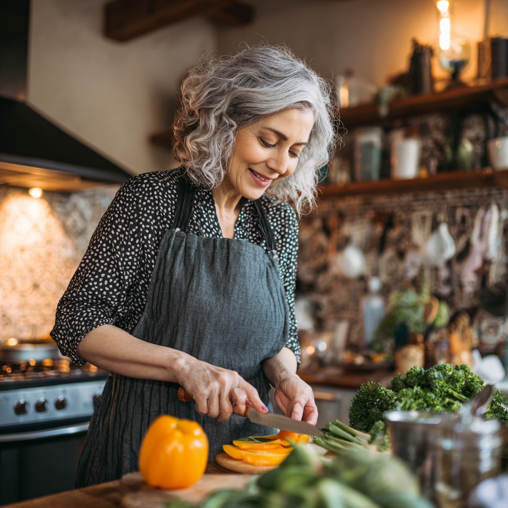 Енергійна жінка 52 років готує здорову страву на кухні, демонструючи активний спосіб життя завдяки правильному харчуванню