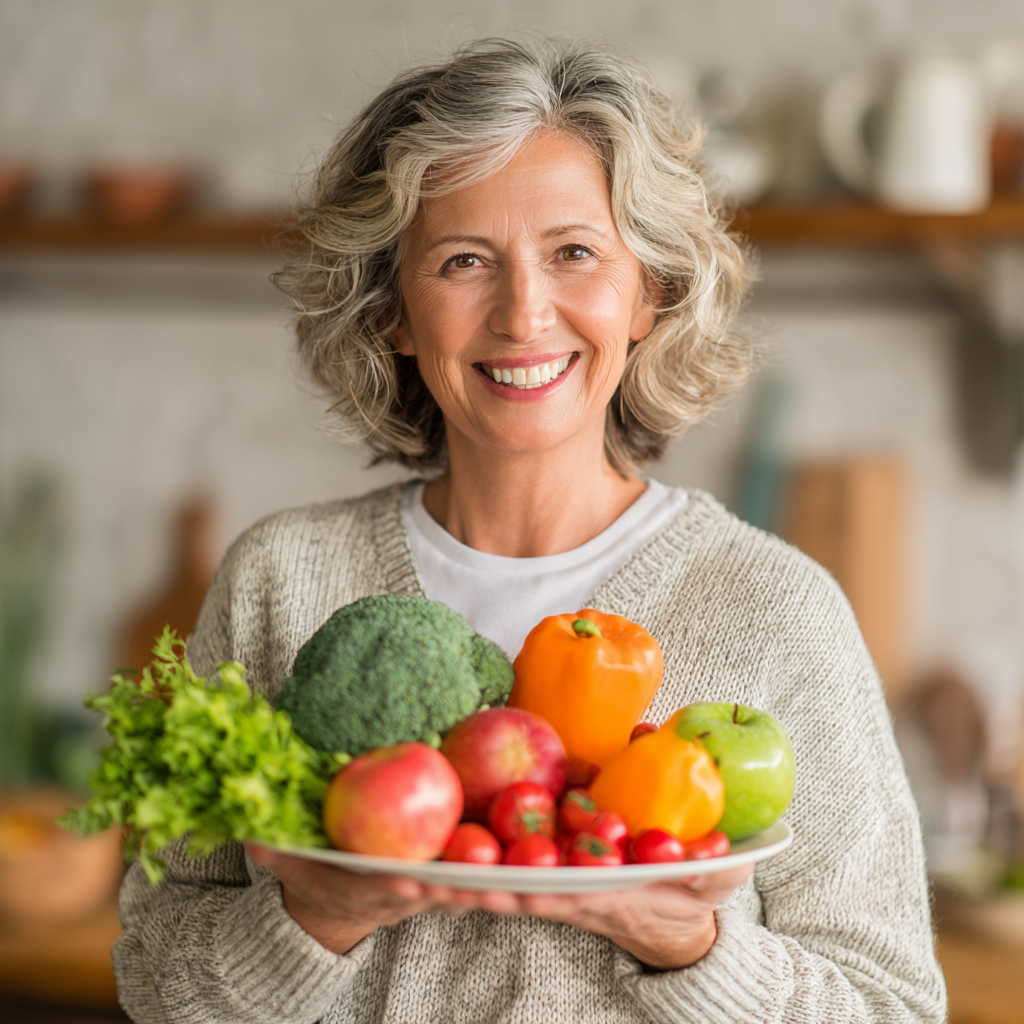 Усміхнена жінка віком 55 років тримає тарілку зі свіжими овочами та фруктами, демонструючи здоровий спосіб життя